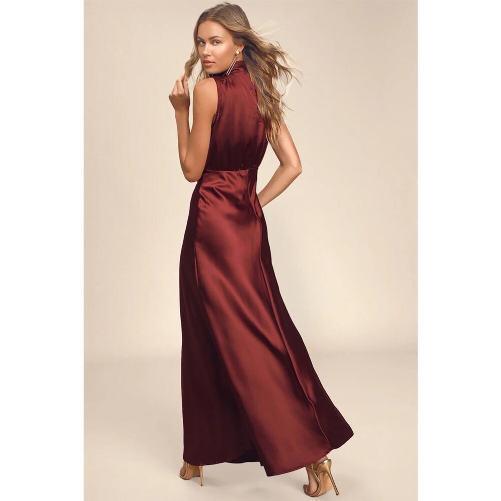 Lulus Classic Elegance Wine Satin Maxi Dress Wedding Bridesmaid Luxury Size L - Picture 3 of 7